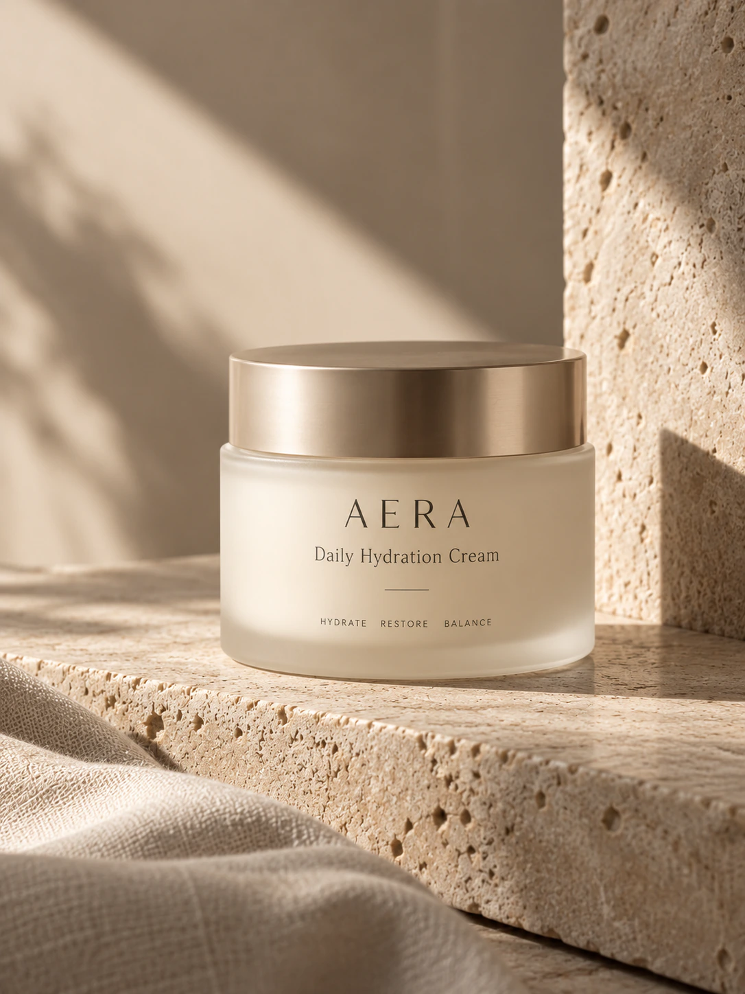 Open minimal cream jar on a white pedestal in soft sunlight