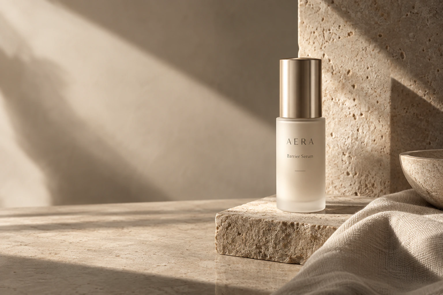 Amber skincare dropper and serum arranged on warm stone in sunlight
