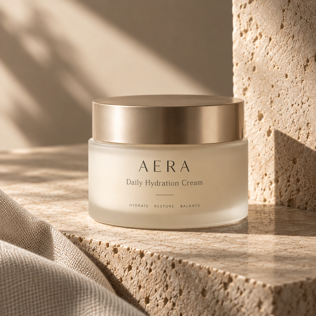 Open minimal cream jar in soft sunlight