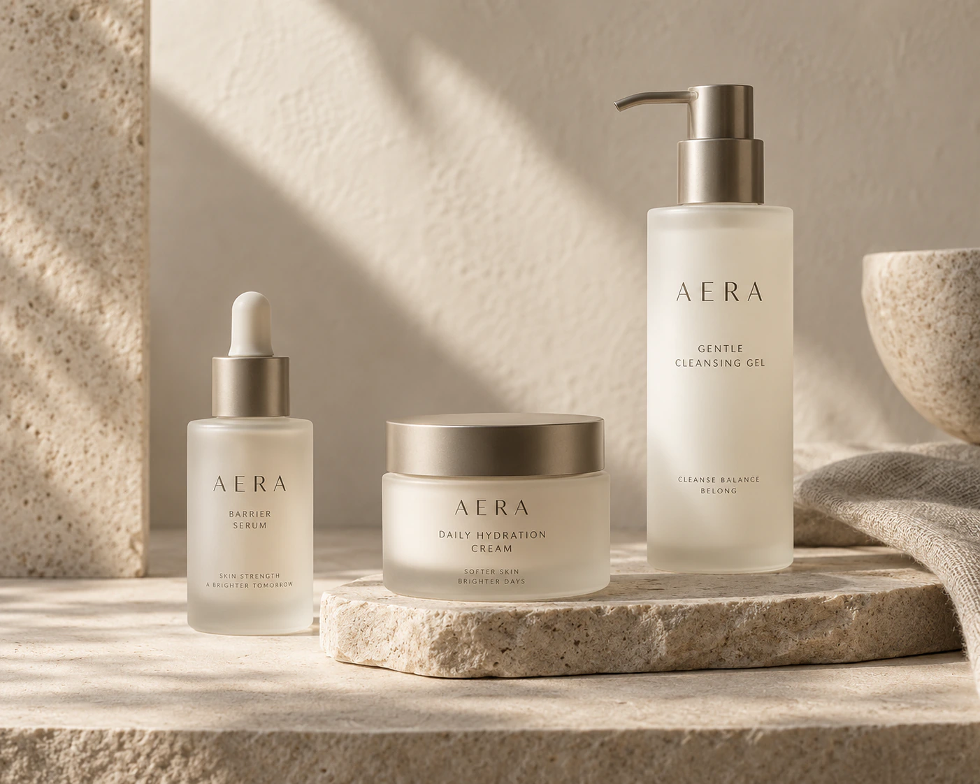 Minimal skincare pump bottle with cotton pads in warm light